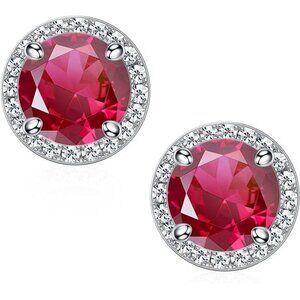 July 18k White Gold Ruby Birthstone Diamond Halo Stud Earrings S925 Gem Gift